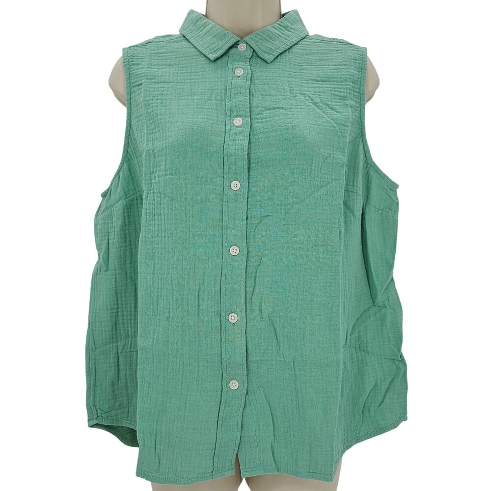 J. Crew Womans size L Sleeveless Tank Perfect Shirt Slub Cotton Green CA076 NEW